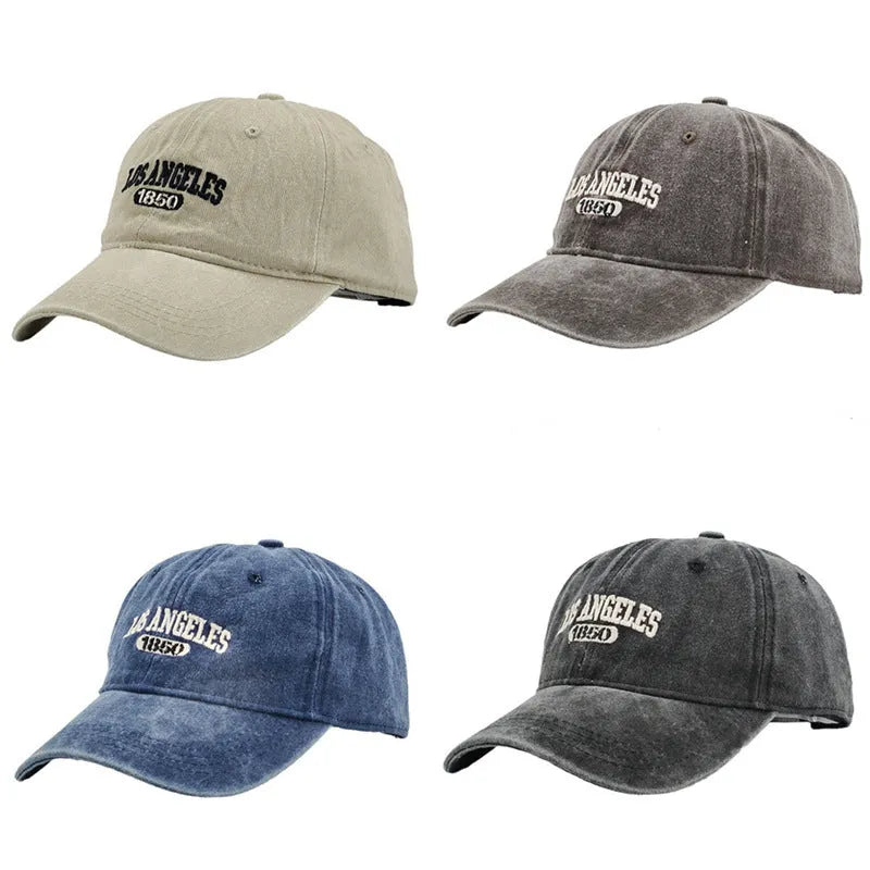 Distressed beige baseball cap with embroidered letters on the front, showing adjustable strap and curved 7cm peak.