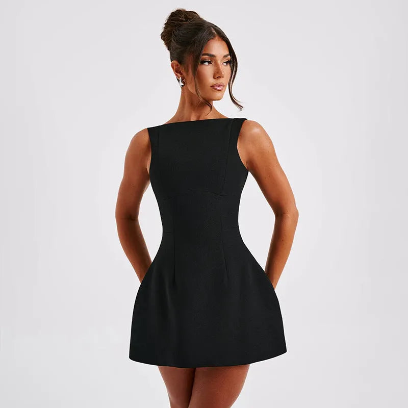 A sling-style backless short summer dress with a high waist, shown in a selected colour.