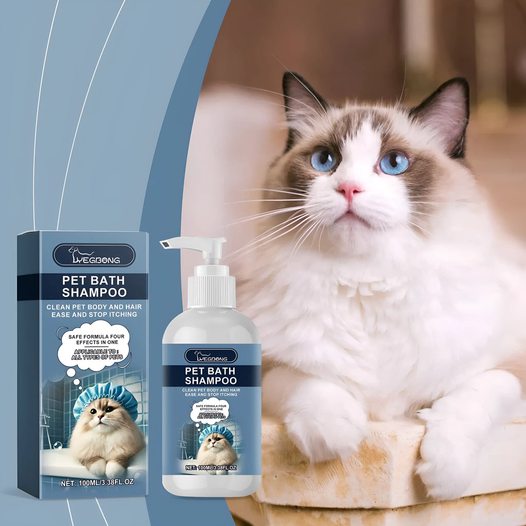 100ml bottle of mild cat and dog shampoo with coconut oil, milk and citrus peel extract