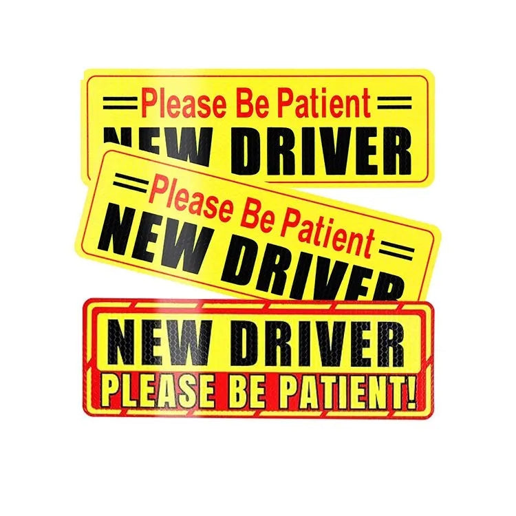 Reflective acrylic car warning bumper sticker for novice drivers measuring 22.5 by 8.5 cm on a car rear bumper.