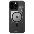 Grey magnetic phone case with cooling window for iPhone 15 Pro and iPhone 15 Pro Max, TPU drop-resistant cover, cyberpunk style.