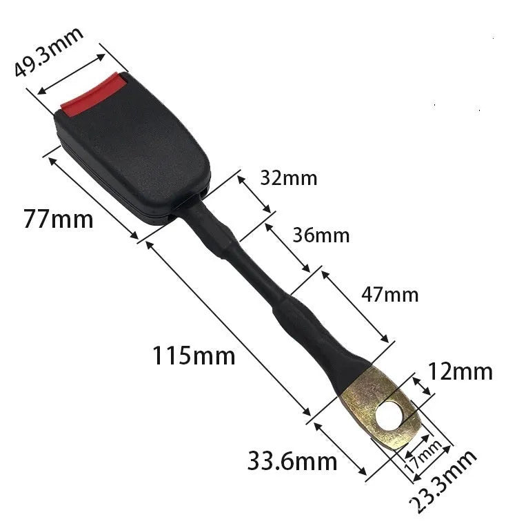 Car seat belt safety buckle with 20cm long steel wire lock for 21cm wide vehicle sockets.