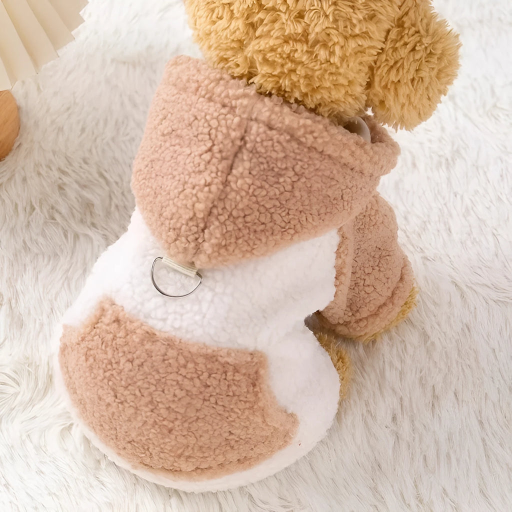 Brown thickened hooded cotton-padded coat for dogs with collar on mannequin
