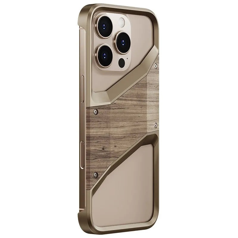 Desert gold wooden aluminium alloy phone case for iPhone 15 and 16 with CNC finish