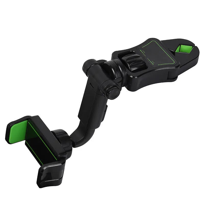 Black and green car mobile phone holder mounted on a rear-view mirror bracket.