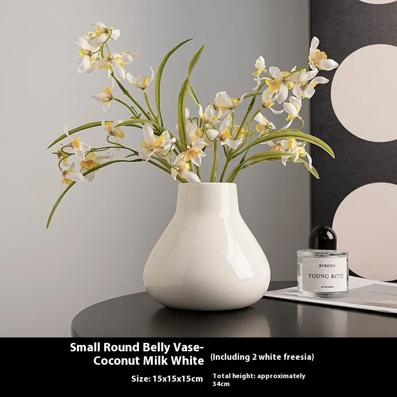 Black ceramic round belly vase with glass surface and coloured glaze decoration