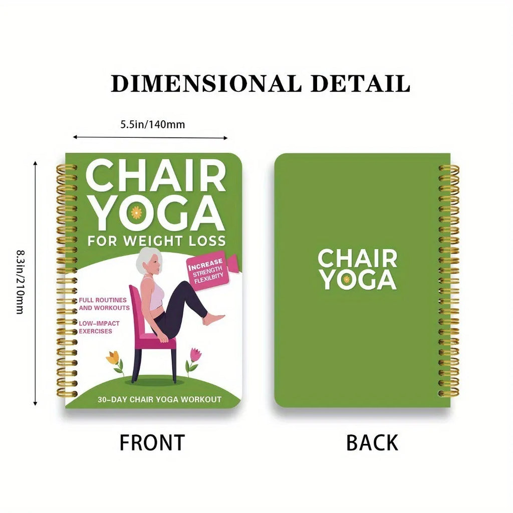 Green coil-bound 30-day chair yoga training notebook with open pages showing exercise plans