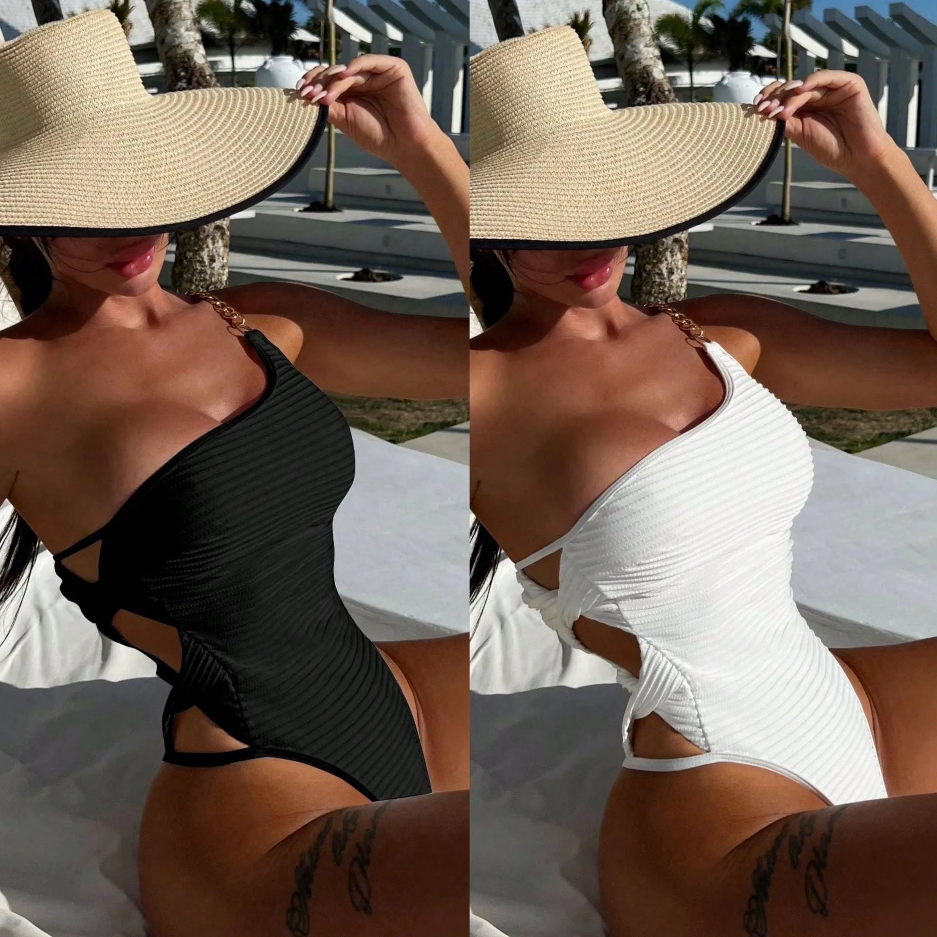 Women's solid colour one-piece swimsuit in beige or black options