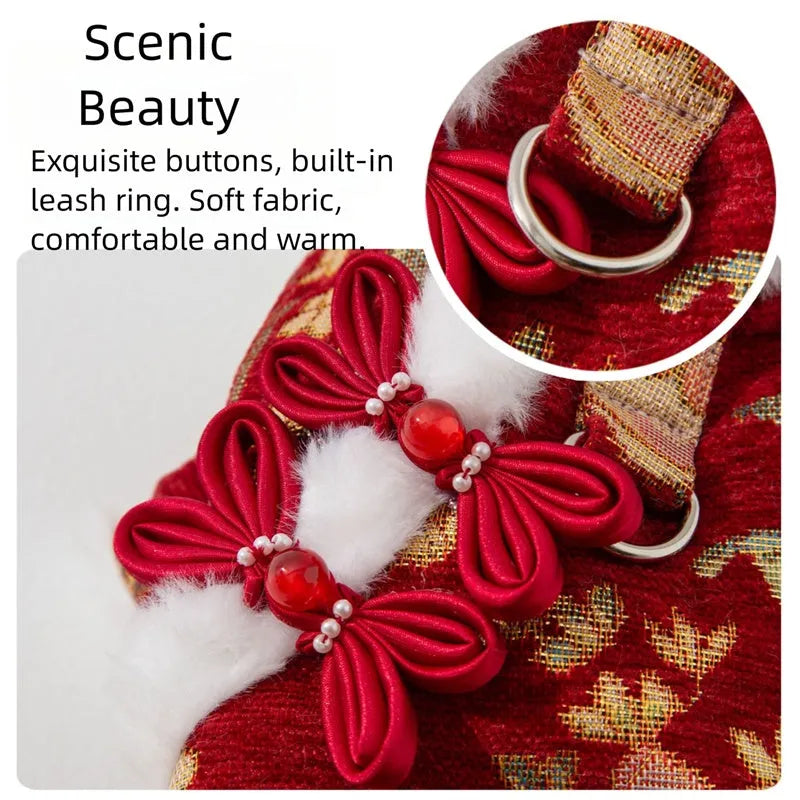 Red brocade pet jumpsuit with faux fur trim and Chinese knot buttons for Lunar New Year