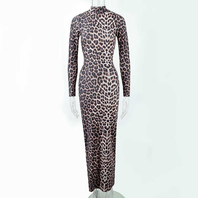 Leopard print women's long dress with stand collar and long sleeves.