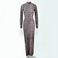 Leopard print women's long dress with stand collar and long sleeves.