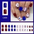 Short glossy red and blue strawberry cherry design nail stickers, 24 pieces.