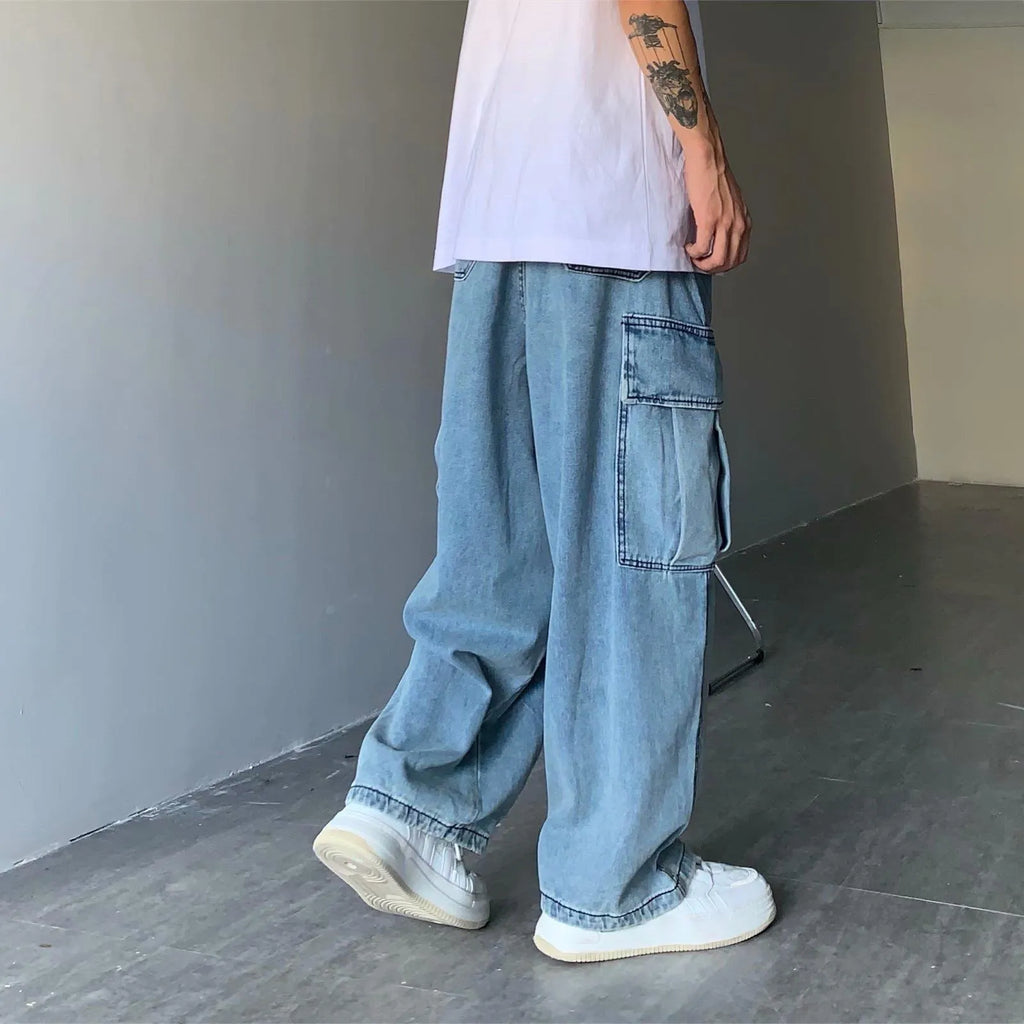 Street retro loose cargo jeans with large pockets, cropped straight-leg, in blue colour