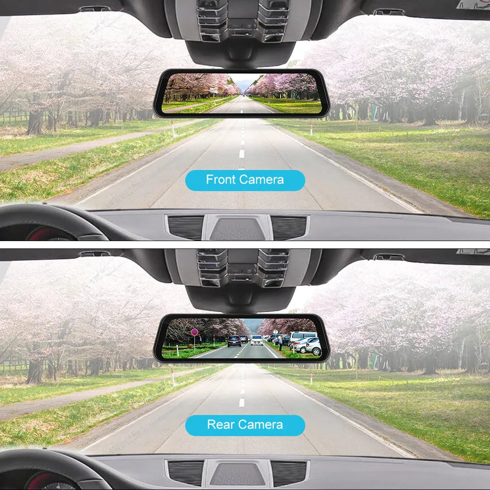 9.66-inch car dash cam and smart mirror with touch screen, CarPlay Android Auto support, and recording function