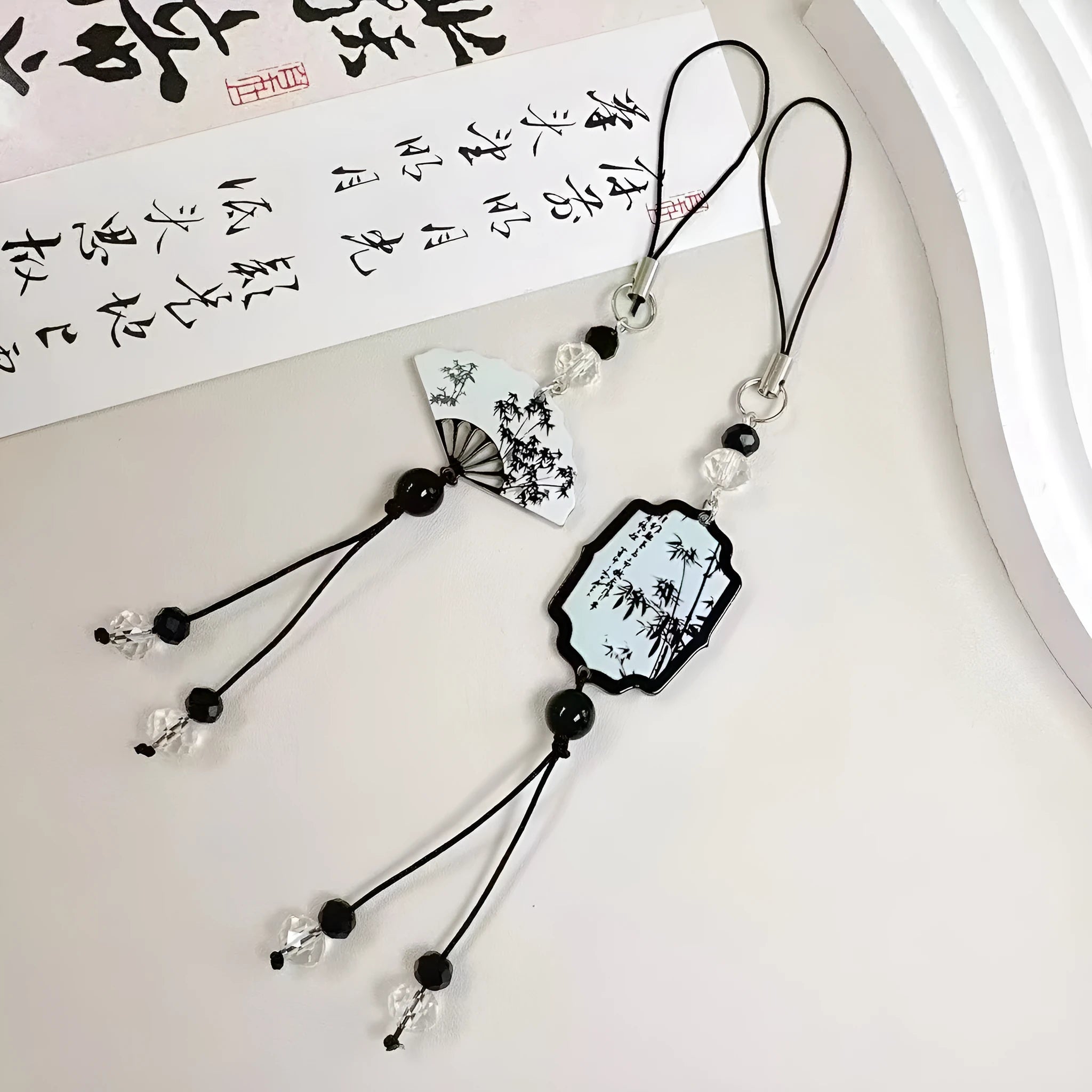 Guofeng Chinese style beaded keychain with detailed floral pattern in Fan or Poetry colours.