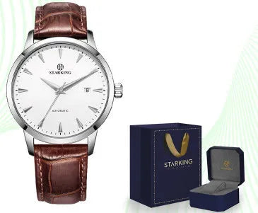 Starking Star Watch automatic men with black dial, light brown leather band, and steel case