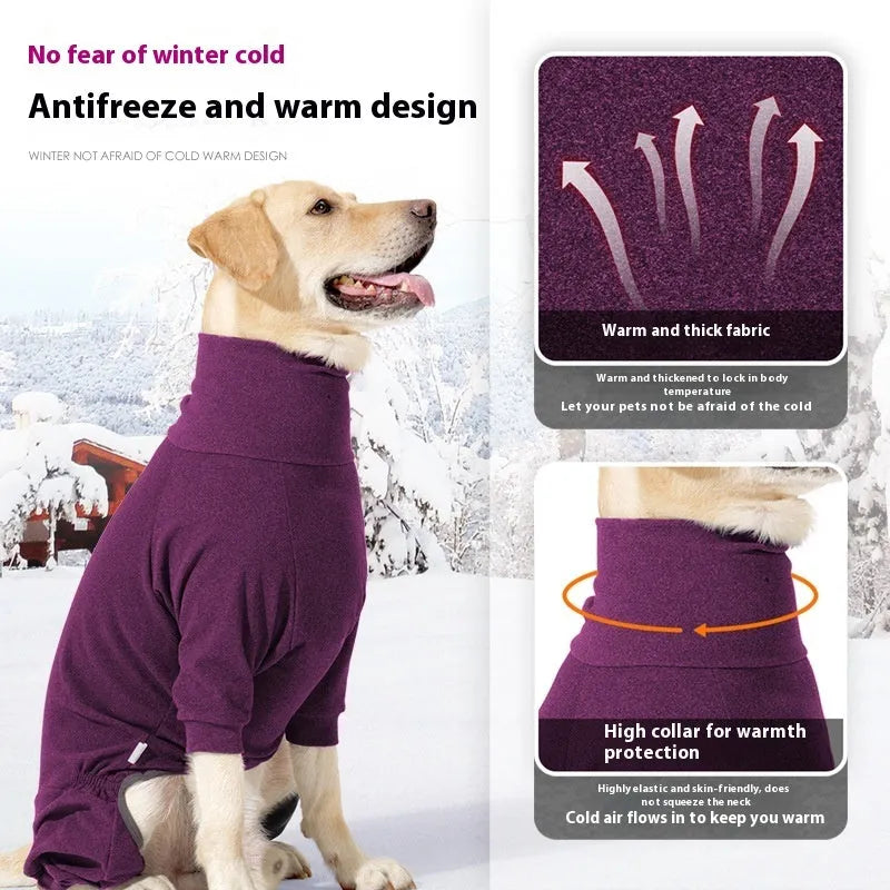 Four-leg polar fleece dog coat with high collar in dark grey or wine red colour options