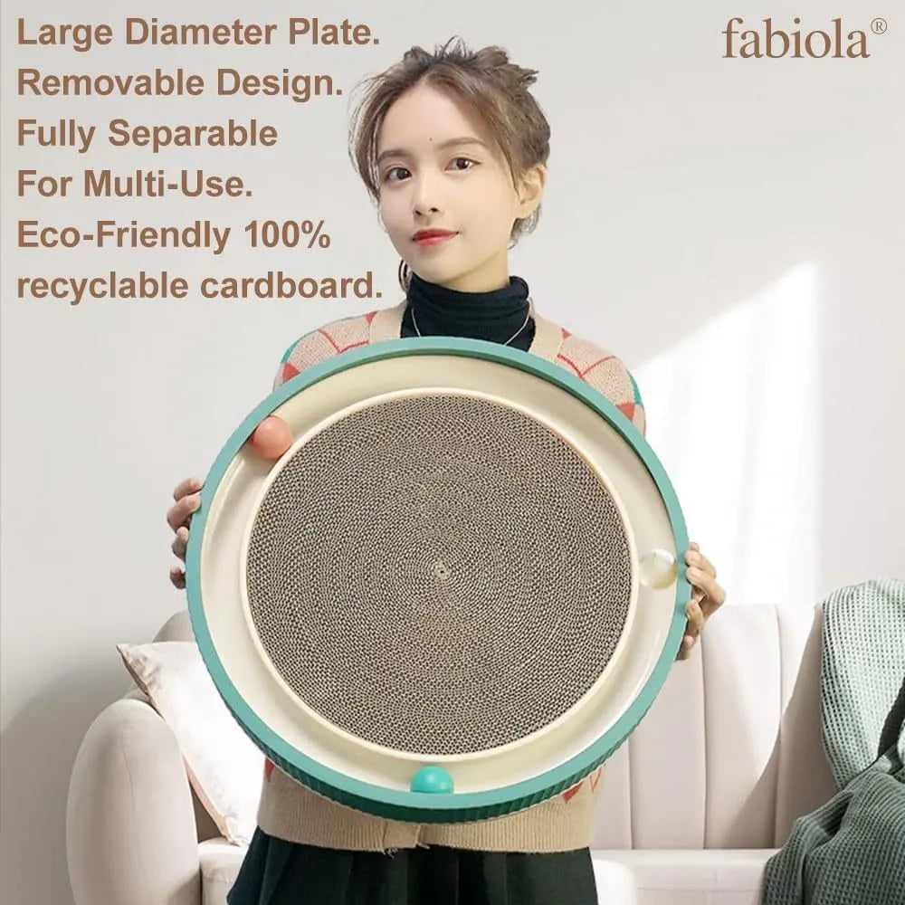 Large circular cat scratching board with moving ball toys measuring 45cm diameter