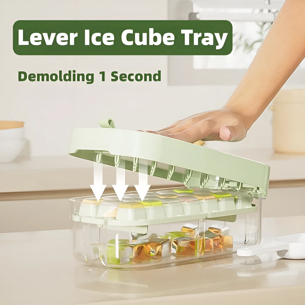 A blue high-capacity ice cube tray with a lever mechanism for easy demoulding and a stored ice shovel.