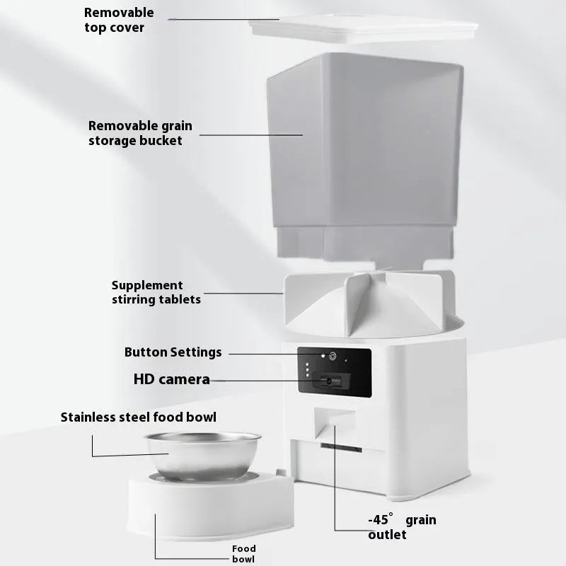 Automatic pet feeder with stainless steel bowl and 5 litre capacity