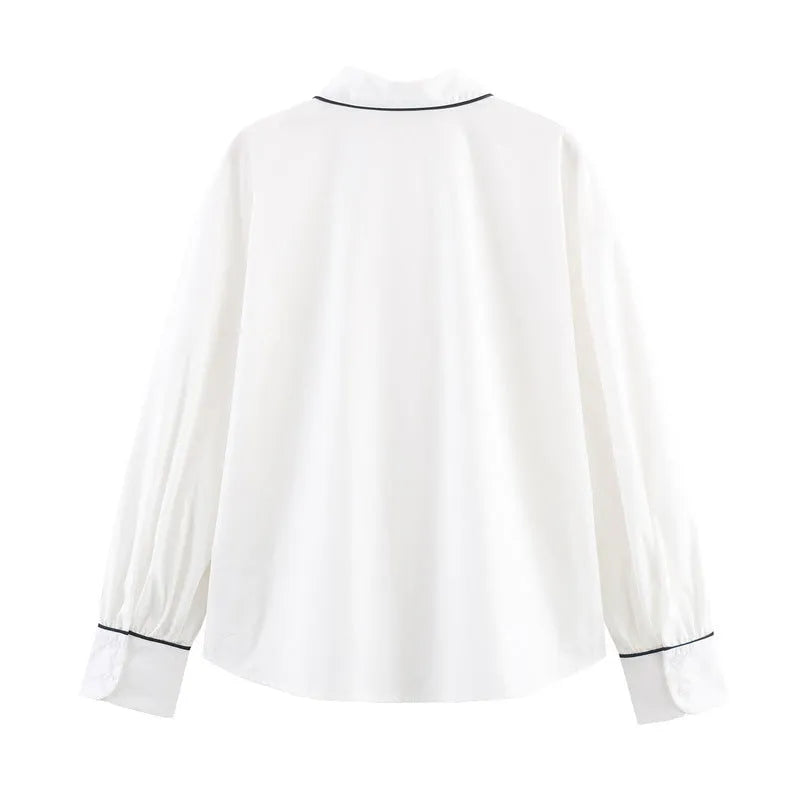 White loose fit poplin shirt with plant and flower print, contrast trim, long sleeves, pullover style