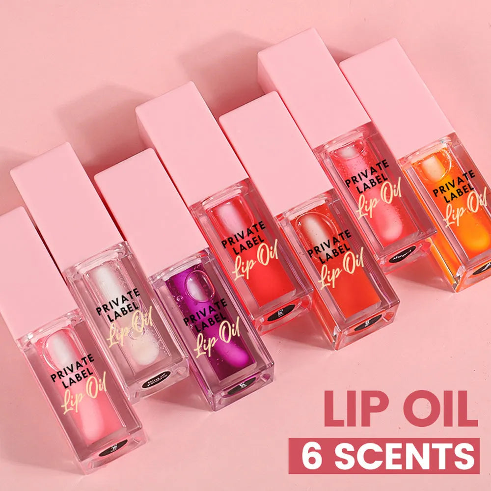 Women's natural transparent lip gloss in 6ml size showing six fruit-inspired sheer colour shades