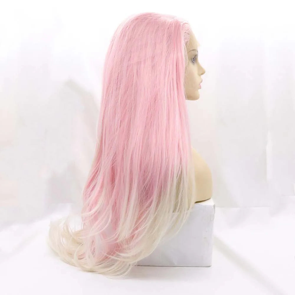 Ladies pink gradient big wave fluffy fashion wig on display