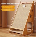 Vertical cat scratch board with sisal surface and cat teasing ball on hemp rope
