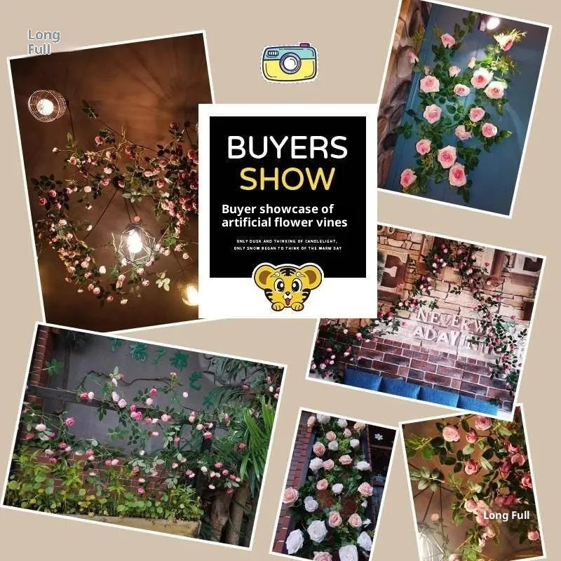 Artificial fake rose flower rattan for air conditioning pipe occlusion balcony decor with wire leaves and coloured lanterns