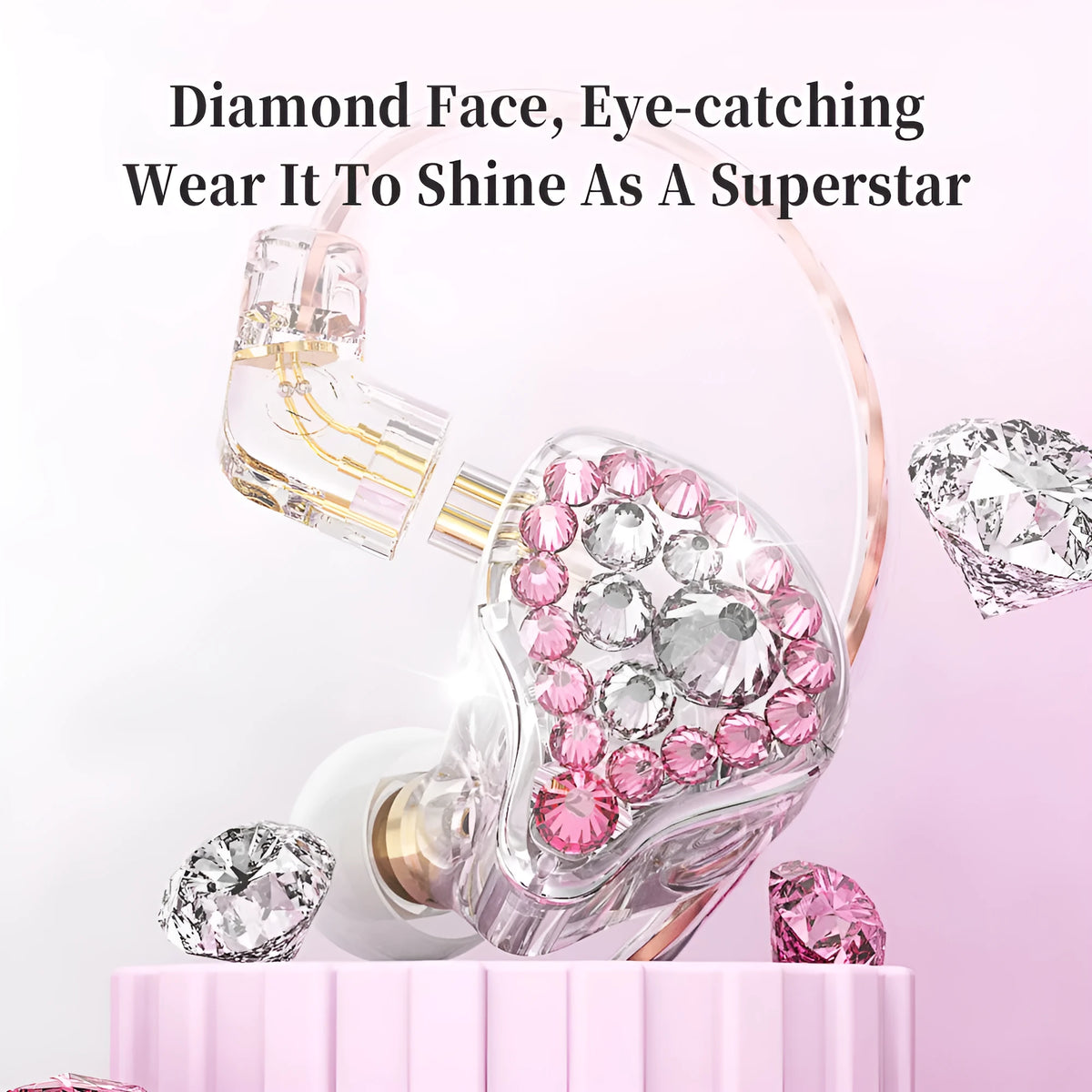 Girls' diamond embedded HiFi ear loop earphones, 3.5mm wired straight plug, wheat pink or purple, 1.2m or 3m cable.