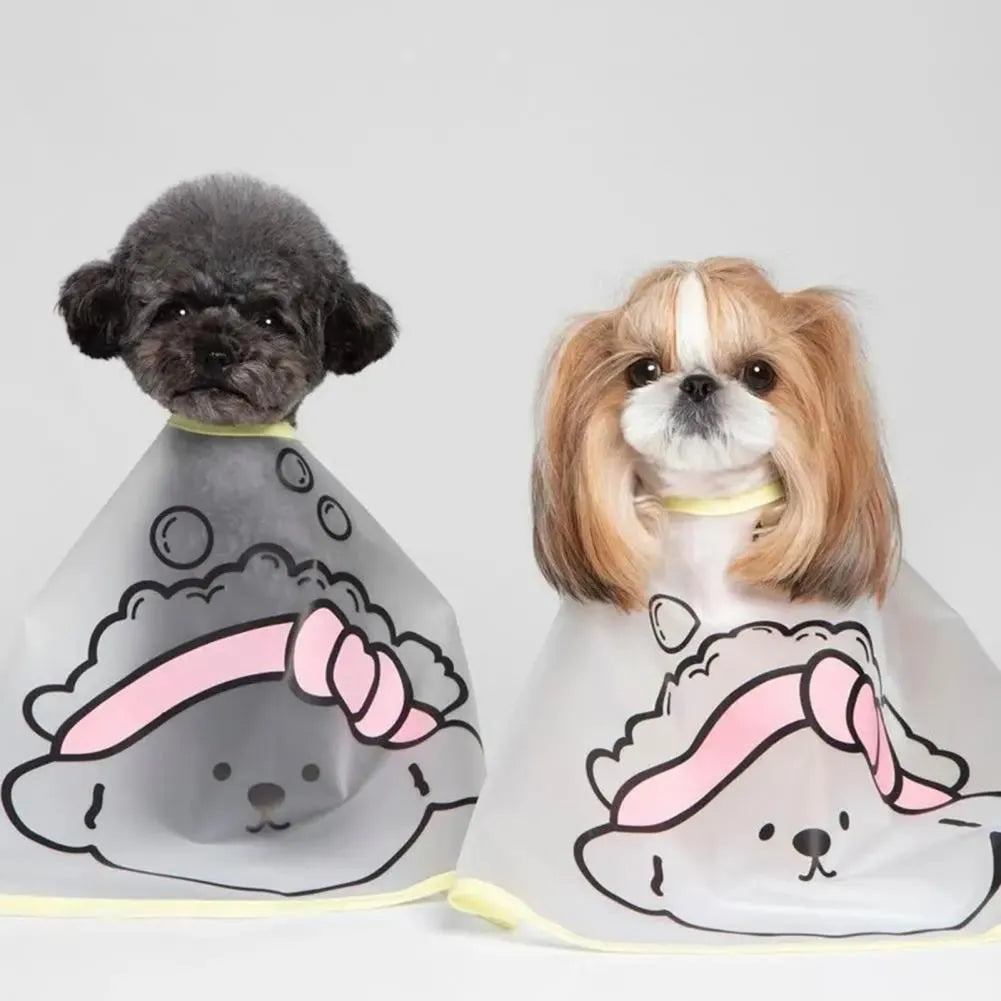 Adjustable pet grooming cape with cartoon print for dogs, polyester fabric, pink and yellow options