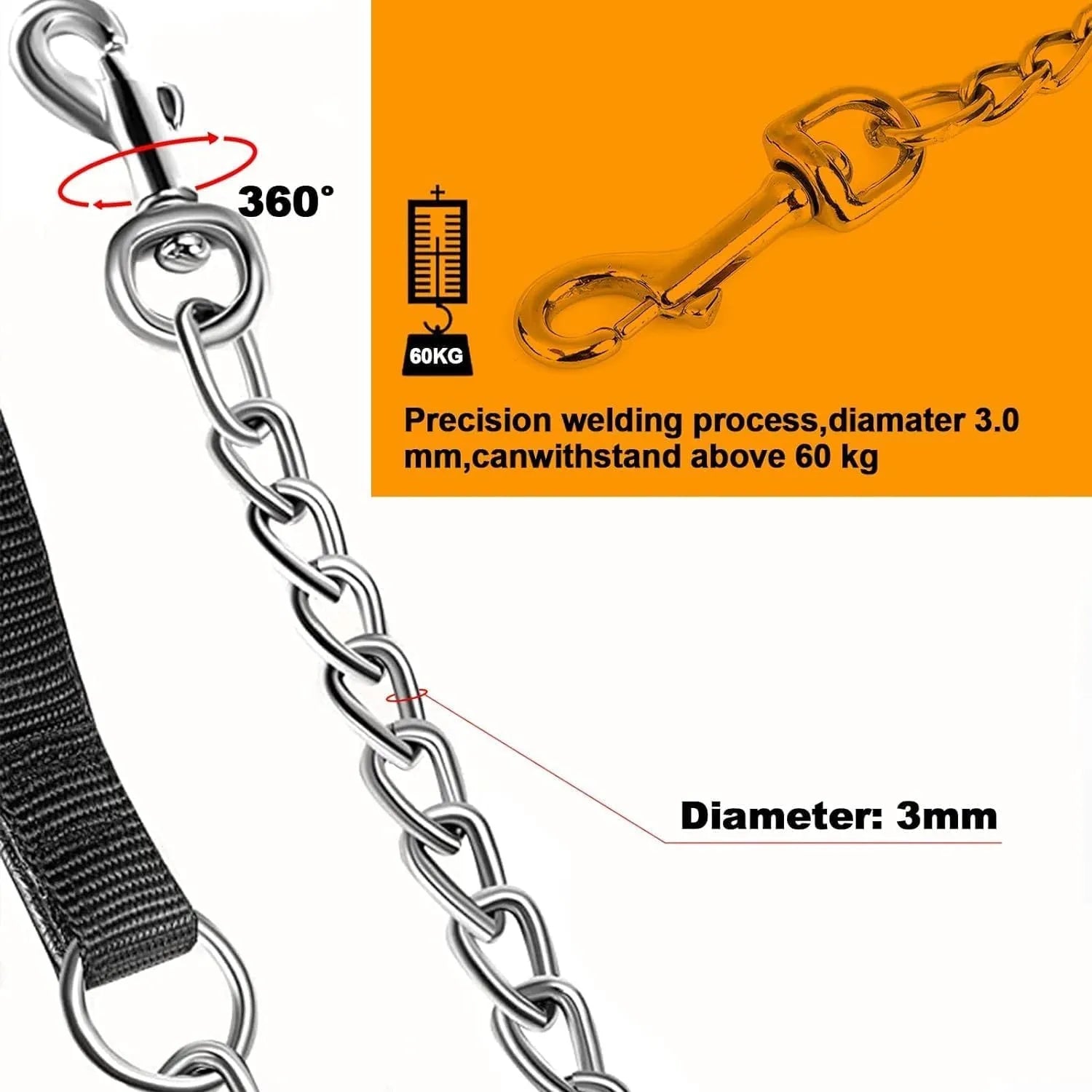 Heavy duty metal dog leash with a soft black padded handle and a chrome-plated chain.