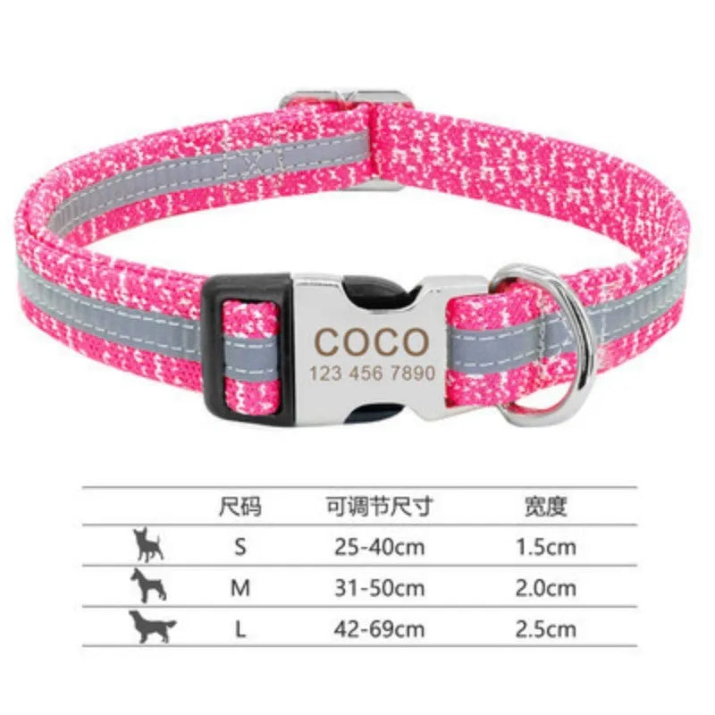 Adjustable nylon dog collar shown in black, green, and rose red colours for small, medium, or large dogs.