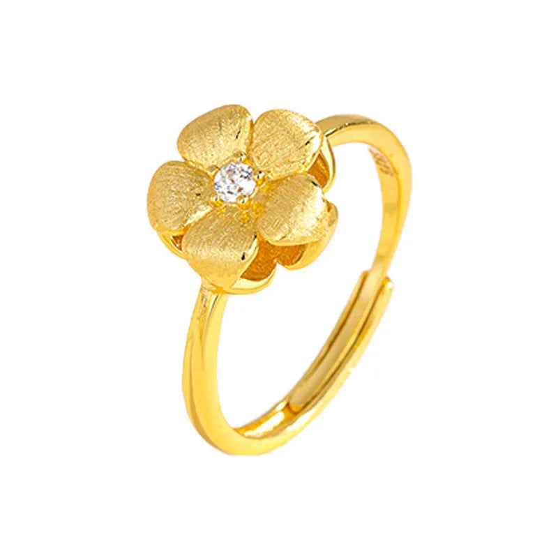 Three-dimensional plum blossom ring for women with adjustable opening in yellow gold colour