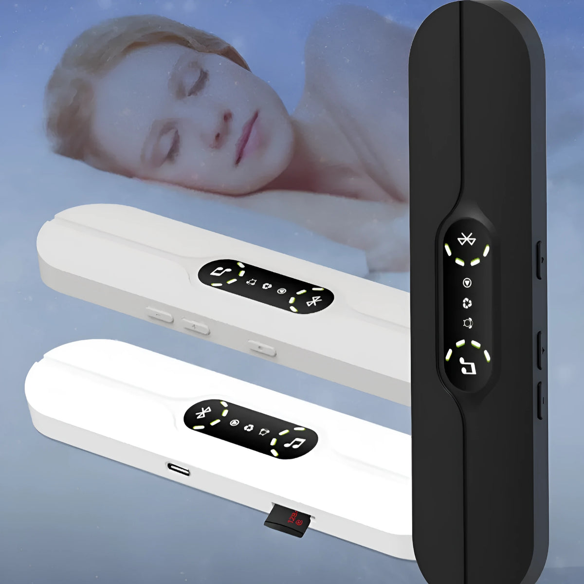 Bone conduction Bluetooth music box with USB power, timing function, and multiple colour options including black, white, black and gray, and blue and white