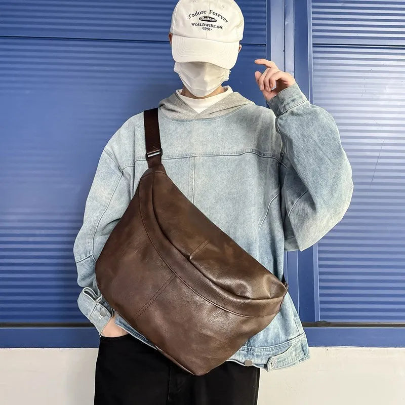 Retro brown men's crossbody bag showing 50cm width and PU construction with adjustable strap