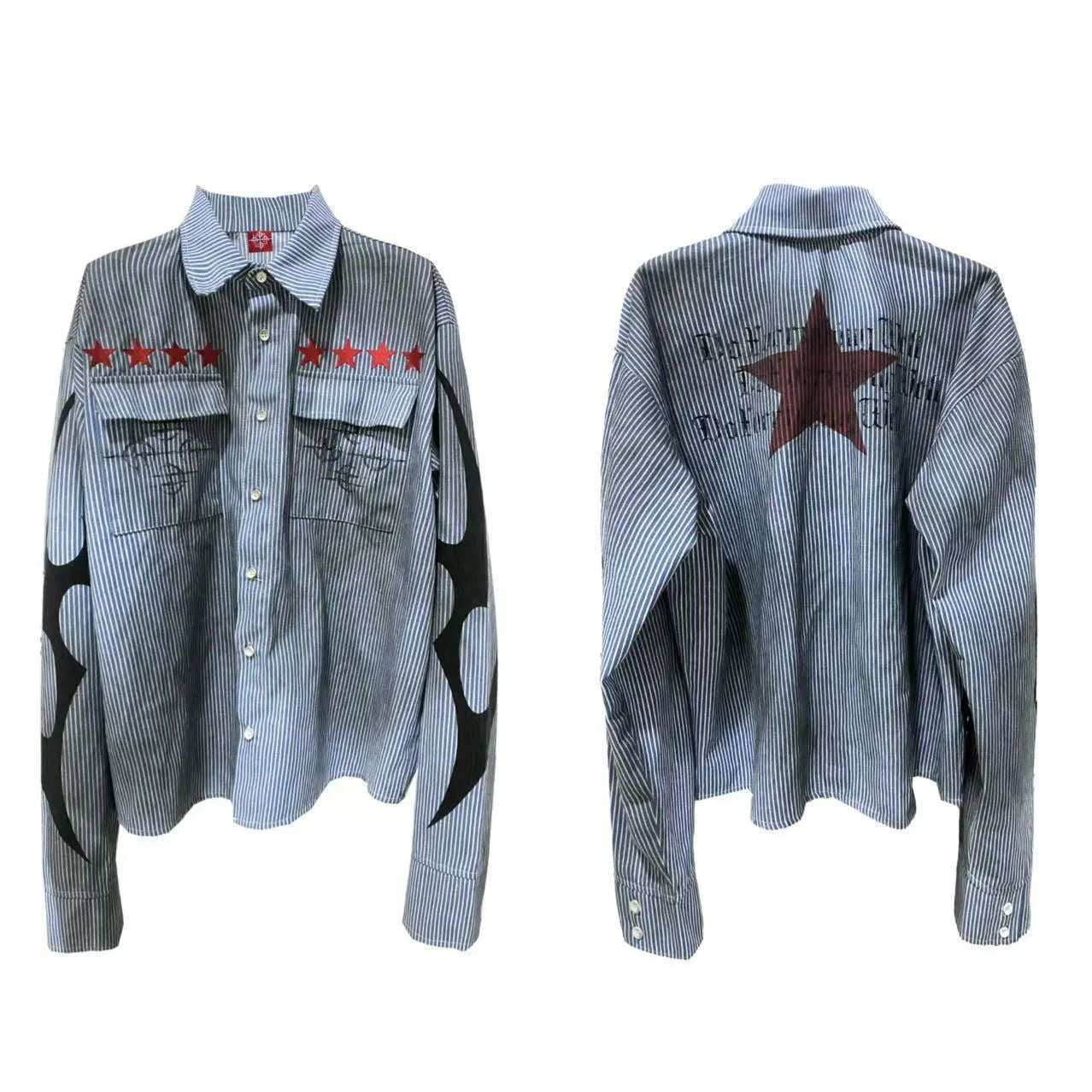 Long sleeve striped cotton shirt in washed blue colour with lapel collar