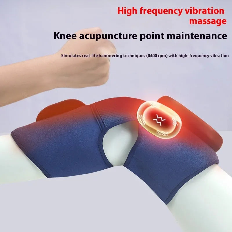 Airbag blue self-heating knee massager with adjustable wrap showing air pressure chambers