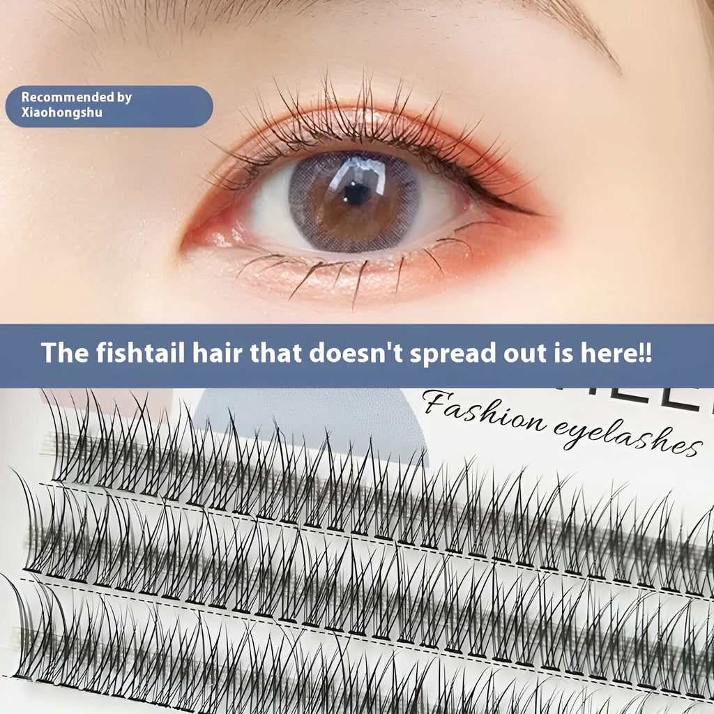 Black V-shaped fairy fishtail false eyelashes showing thick segmented design on 5 size options from 8mm to 12mm.