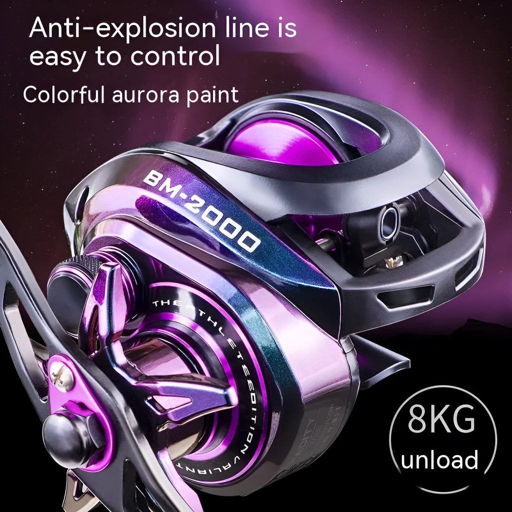 BM2000 water drop-shaped fishing reel with magnetic brake system shown in product packaging