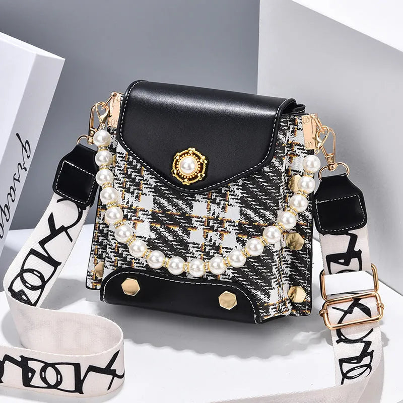 Women's crossbody phone bag in PU leather with pearl pendant and gold metal studs, magnetic flap closure