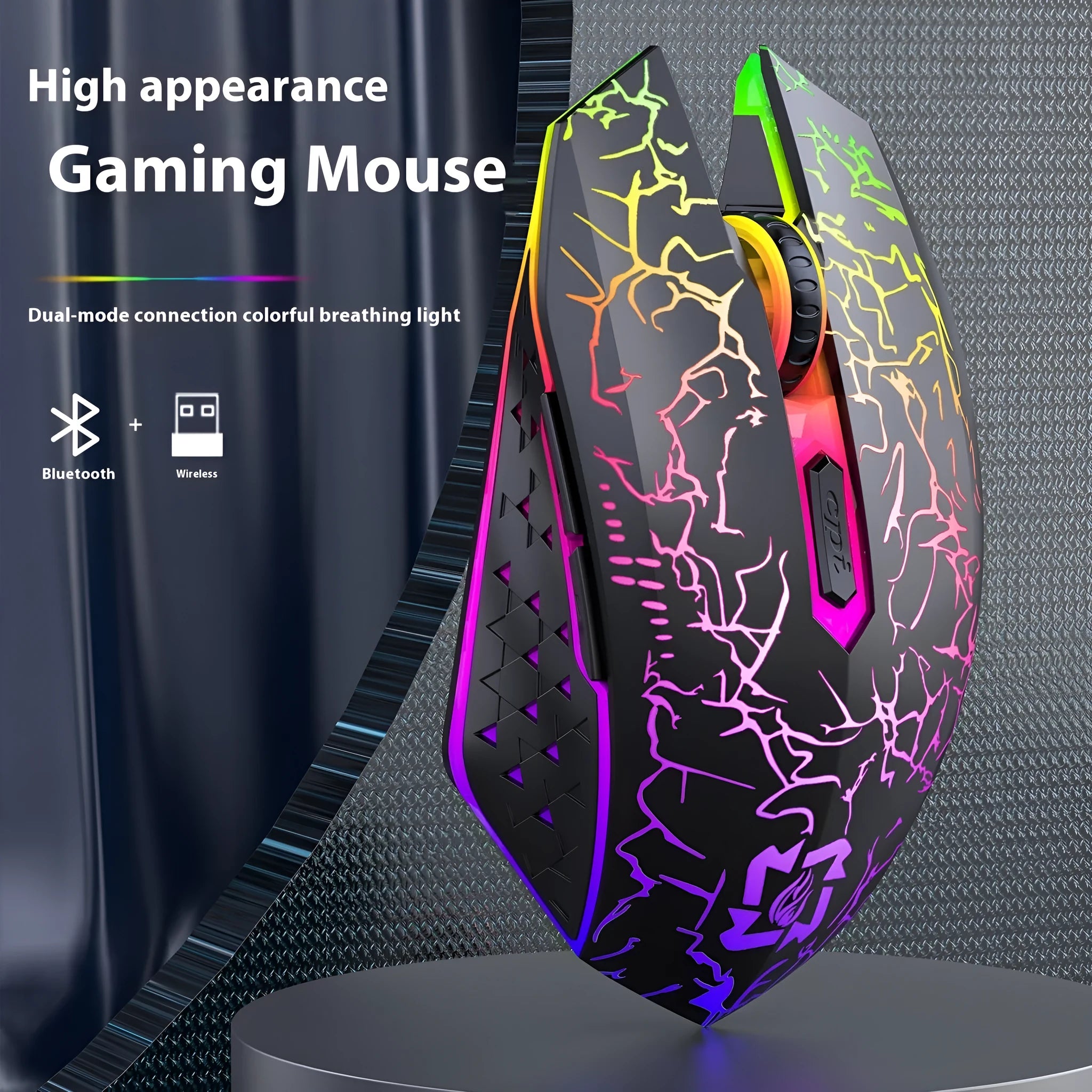 Black and white wireless gaming mouse with RGB lighting on desk with charging cable