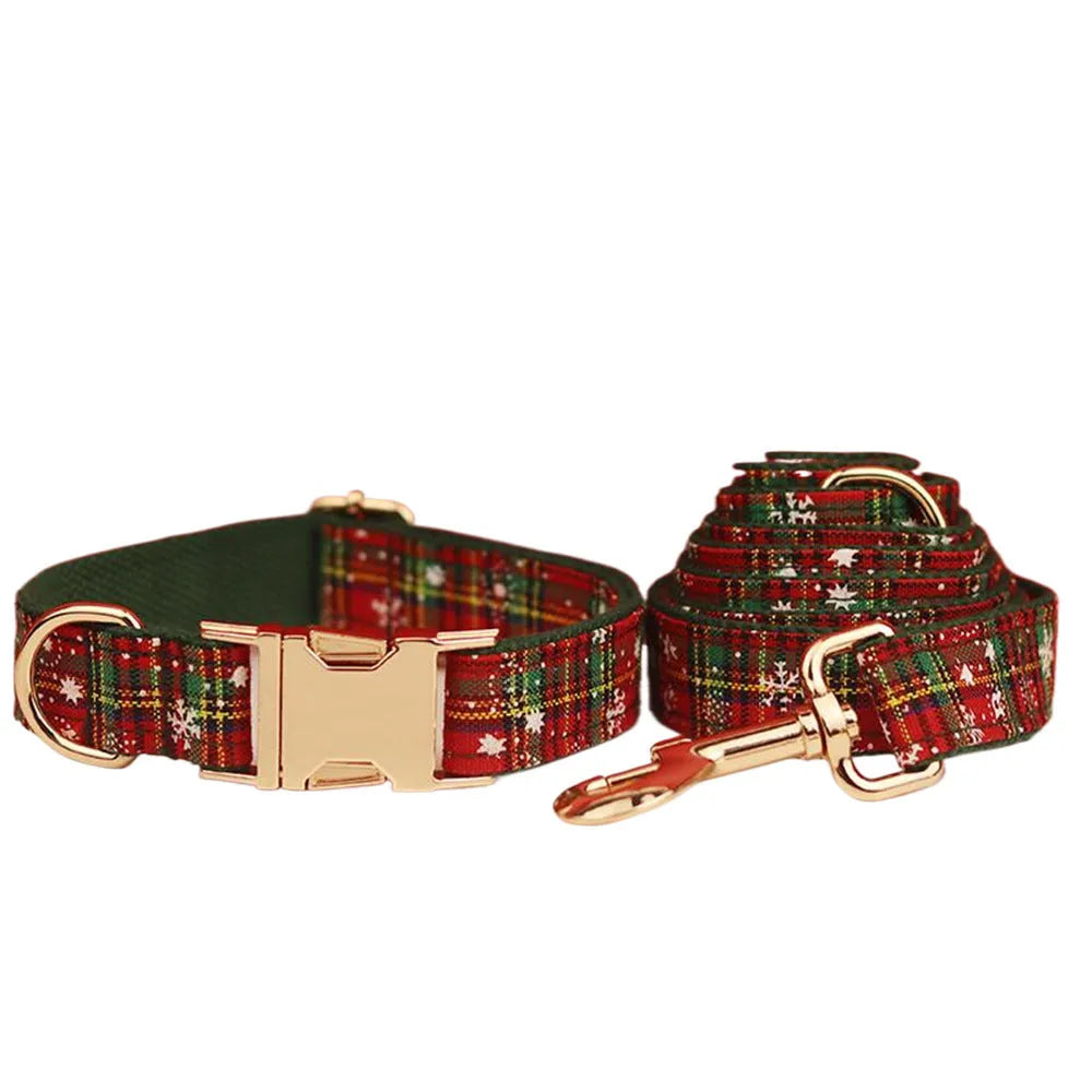 Green snowflake pattern pet collar set with matching dog vest, leash and decorative bow tie