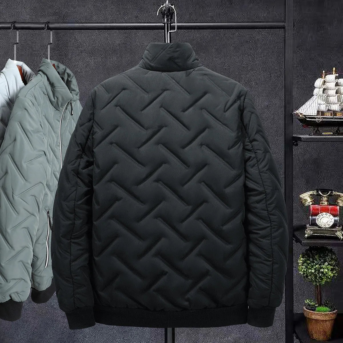 Men's short cotton-padded coat with stand collar, gray, black, bean green, sizes L-5XL