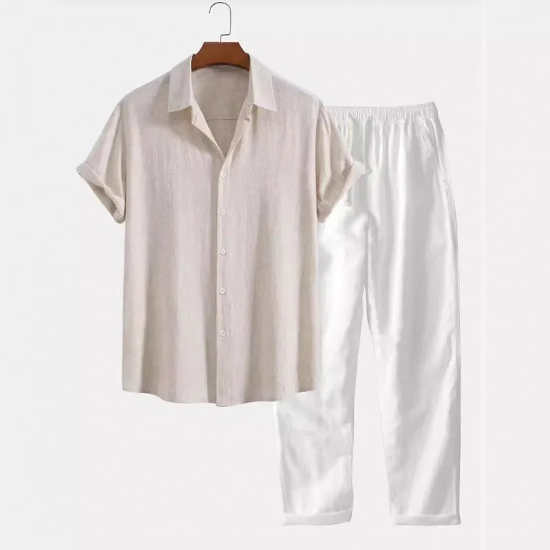 Man wearing a loose fit linen-look short sleeve shirt and matching casual trousers in a neutral colour.