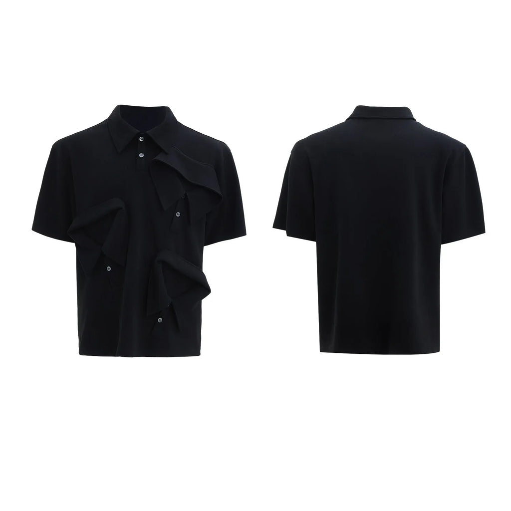 Men's deconstructed multi-collar polo shirt with geometric print in grey, showing loose fit and short sleeves.