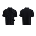 Men's deconstructed multi-collar polo shirt with geometric print in grey, showing loose fit and short sleeves.