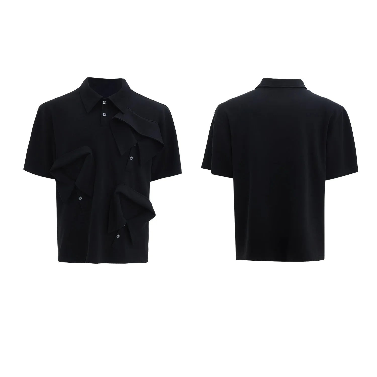 Men's deconstructed multi-collar polo shirt with geometric print in grey, showing loose fit and short sleeves.