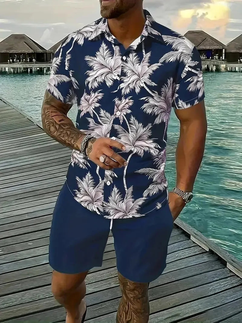 Man wearing a blue Hawaii-themed short sleeve top and matching shorts from a 3D printed leisure suit set.