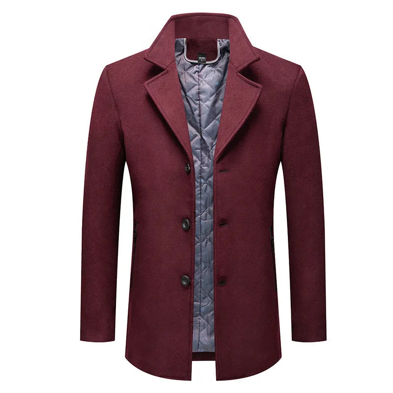 Men's loose fit cotton padded coat in camel, side view showing zippered pockets